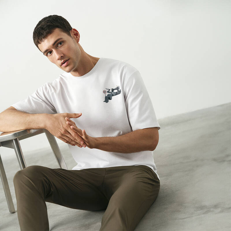 O Yaka Yol Tasarım Beyaz Tişört - 1