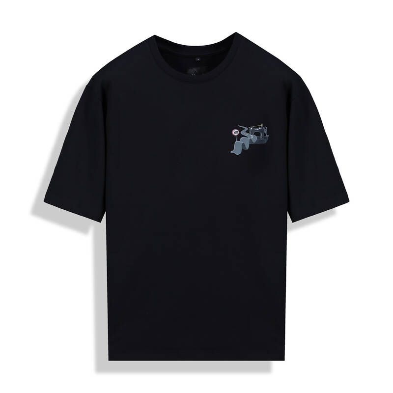 O Yaka Yol Tasarım Siyah Tişört - 2