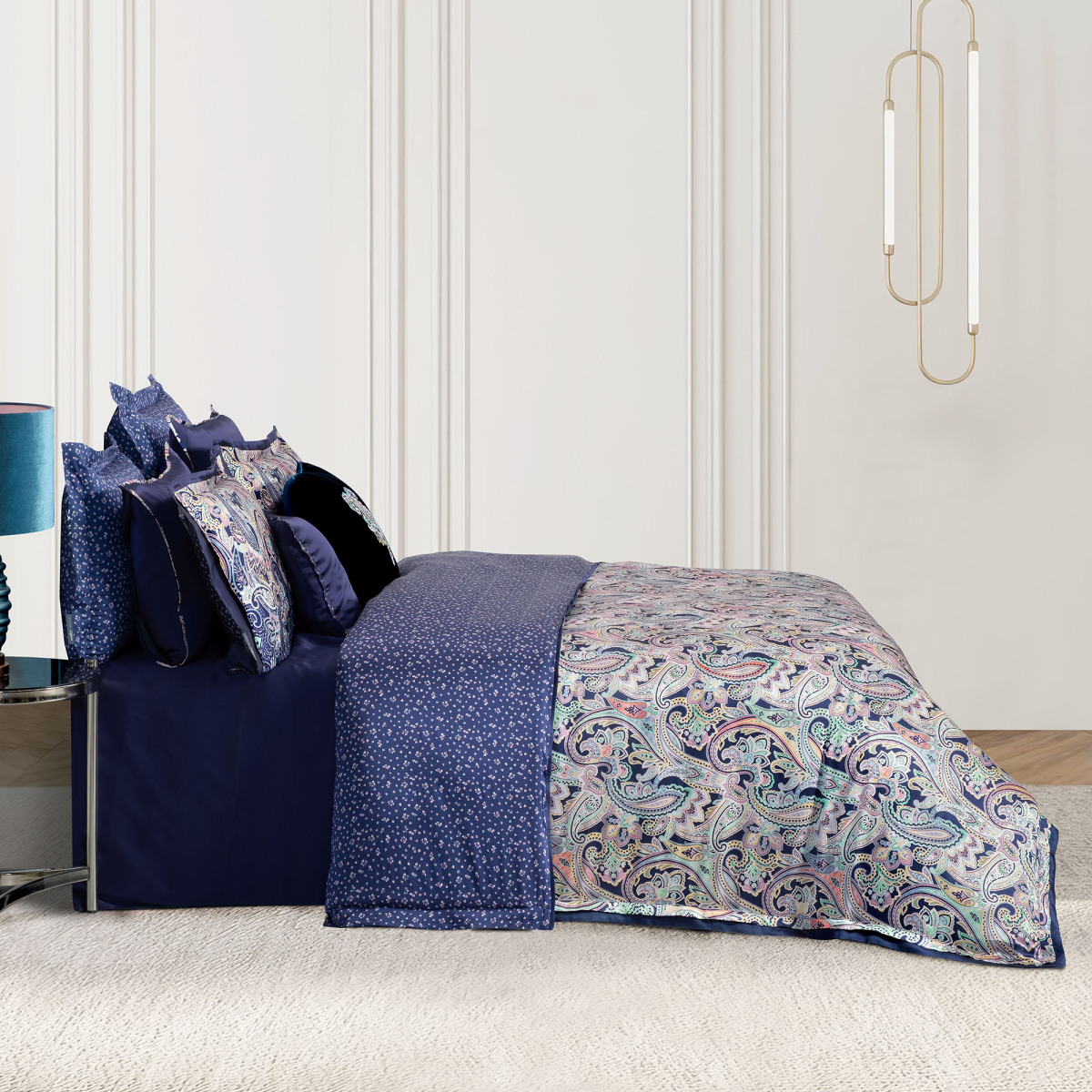 Orion %100 İpek Saten Nevresim Takımı Çift Kişilik Lacivert - 2