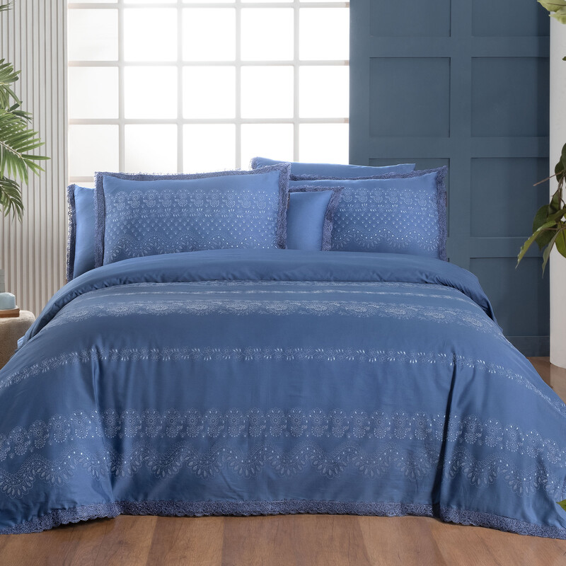 Perry Pamuk Saten Nevresim Takımı King Size Mavi - SAREV