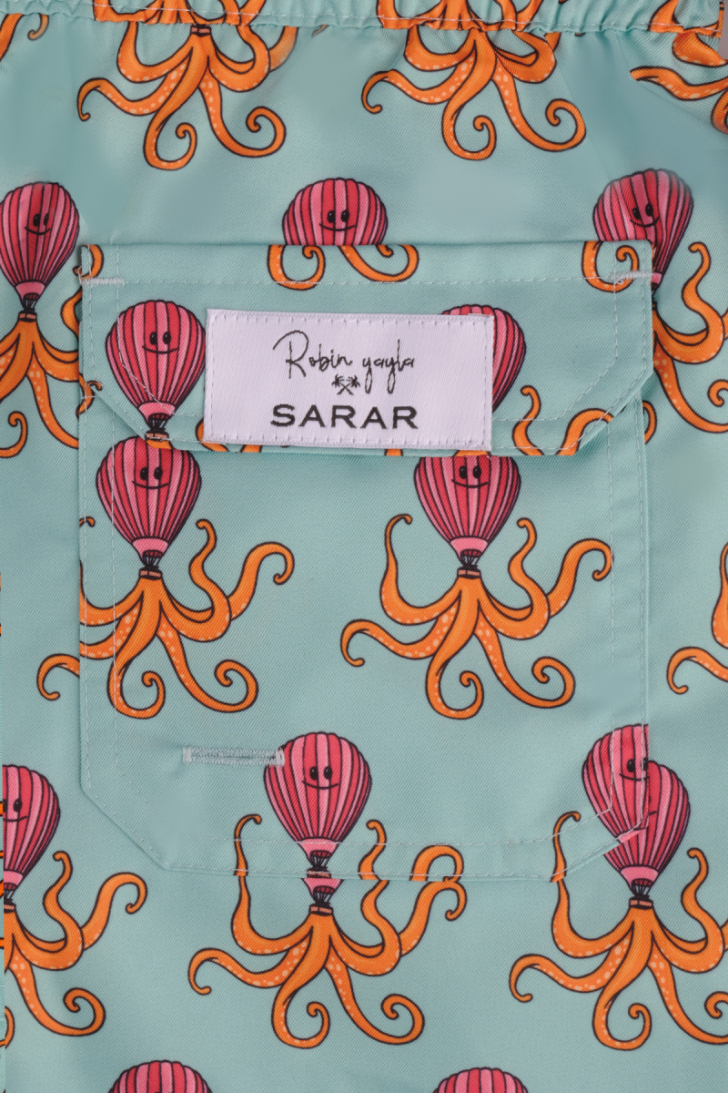 Pollsum Düz Ahtapot Desenli Açık Yeşil Çocuk Şort - 3