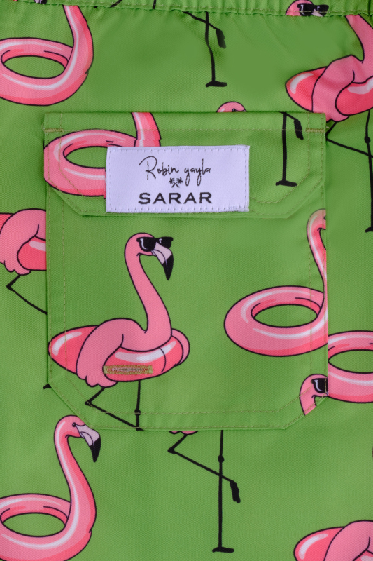 Pollsum Flamingo Desenli Yeşil Çocuk Şort - SARAR
