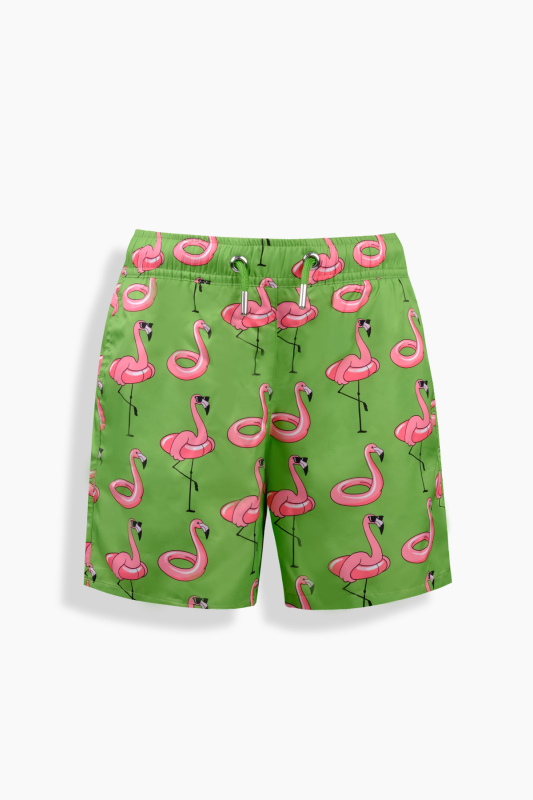 Pollsum Flamingo Desenli Yeşil Çocuk Şort - SARAR