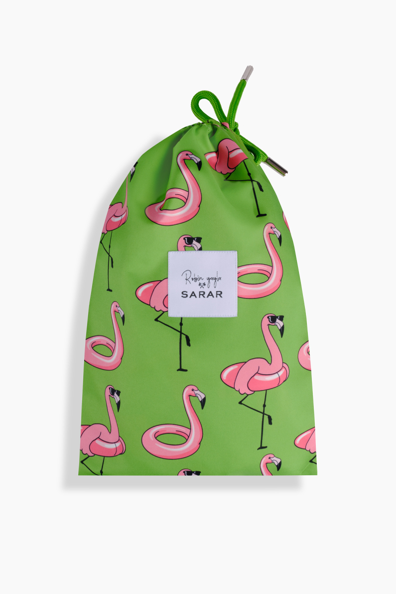 Pollsum Flamingo Desenli Yeşil Şort - SARAR
