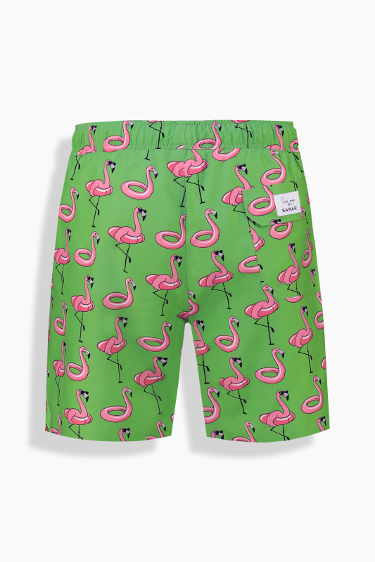 Pollsum Flamingo Desenli Yeşil Şort - SARAR