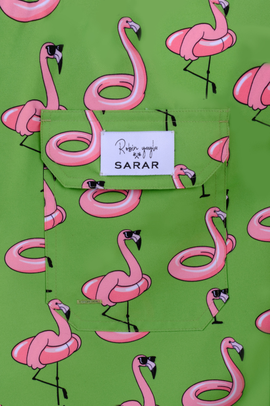 Pollsum Flamingo Desenli Yeşil Şort - SARAR