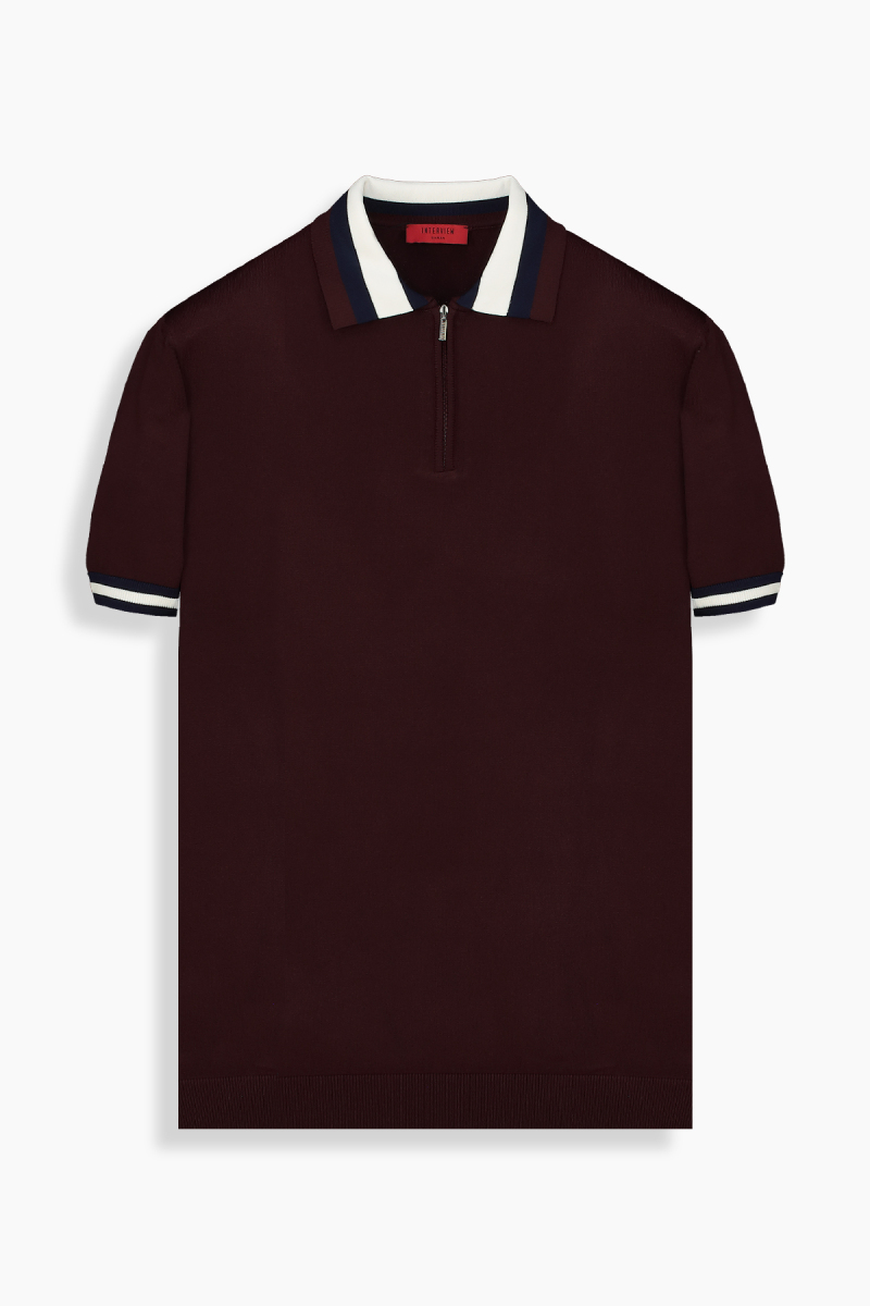 Polo Yaka Fermuarlı Bordo Triko Tişört - 1