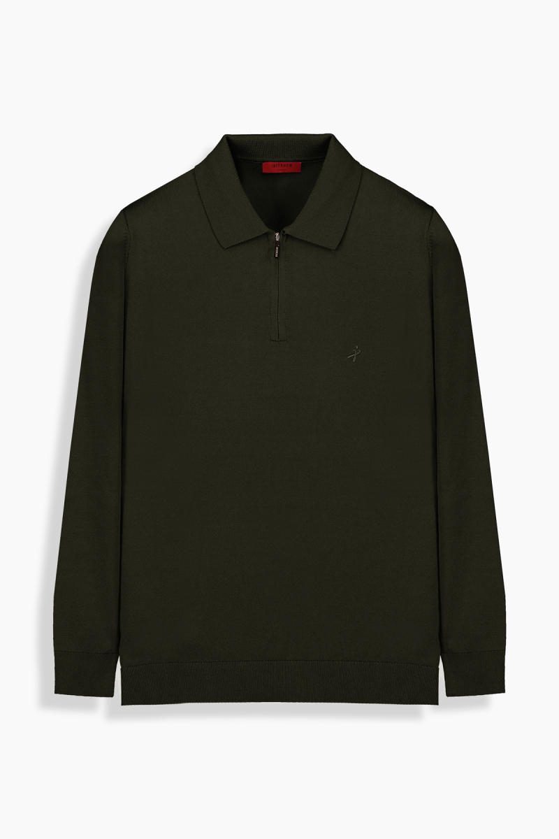 Polo Yaka Fermuarlı Haki Triko - 1