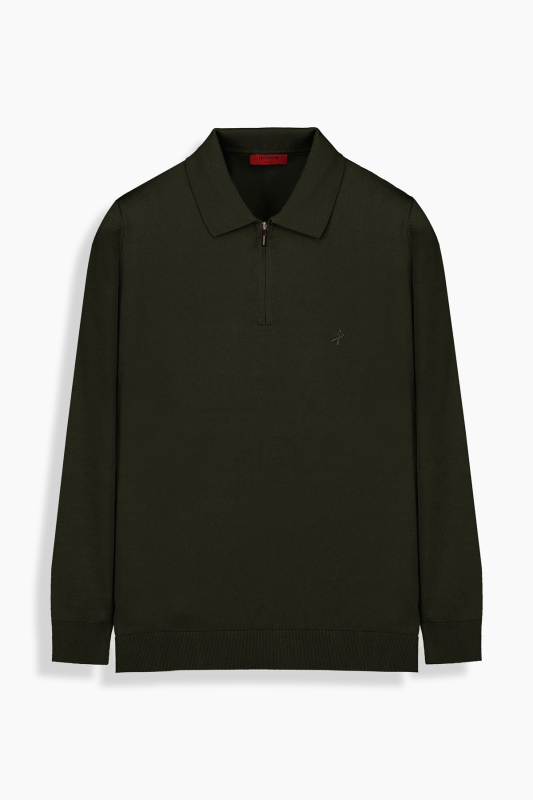 Polo Yaka Fermuarlı Haki Triko 