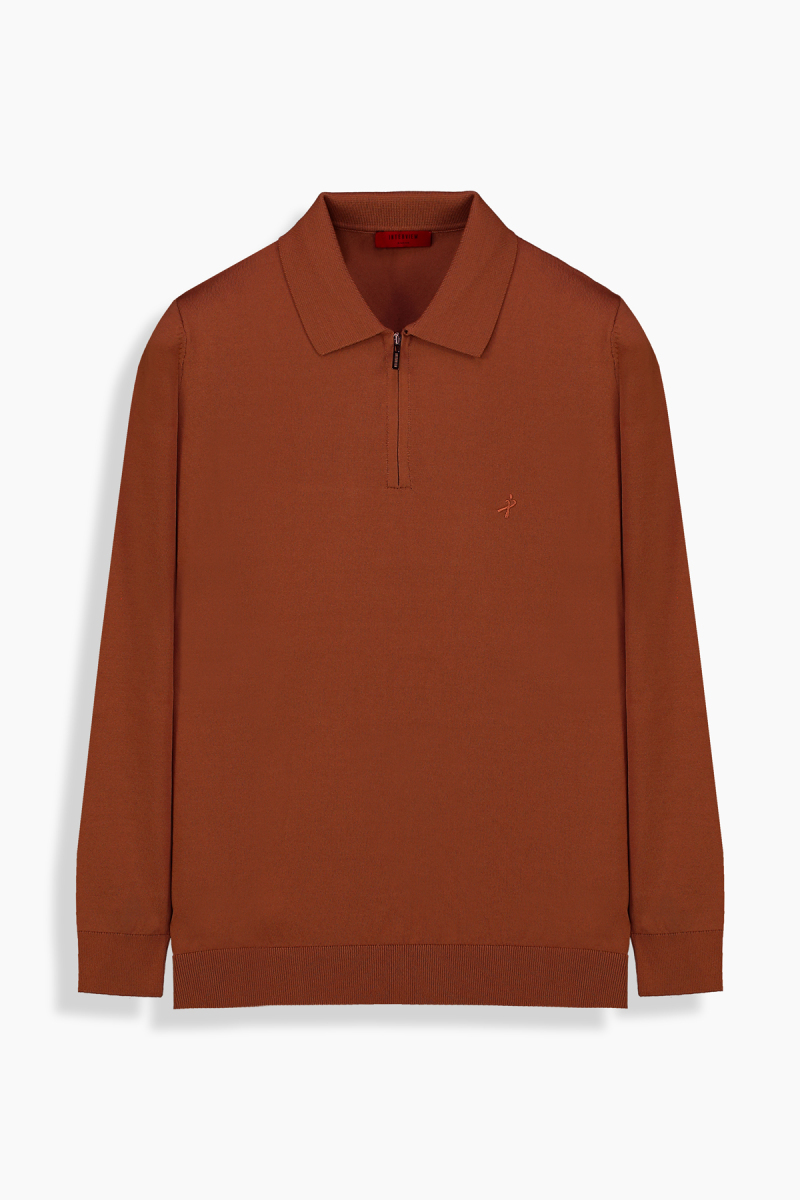 Polo Yaka Fermuarlı Kiremit Triko - 1