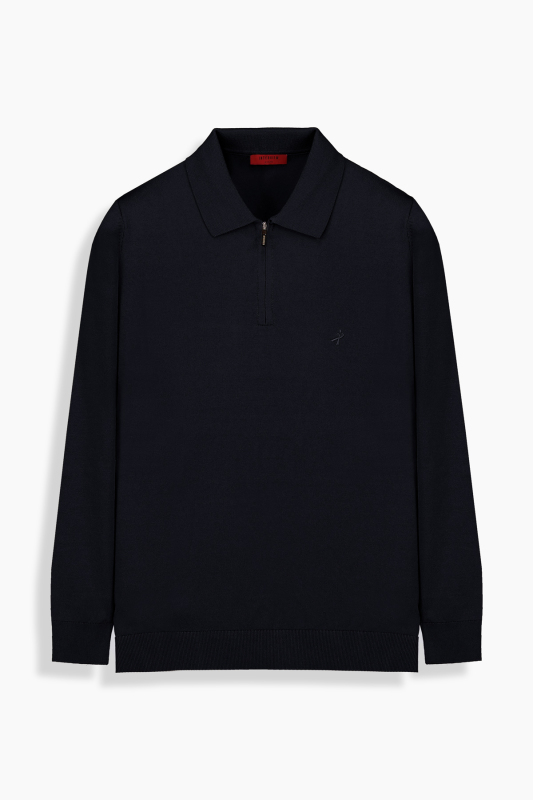 Polo Yaka Fermuarlı Lacivert Triko 