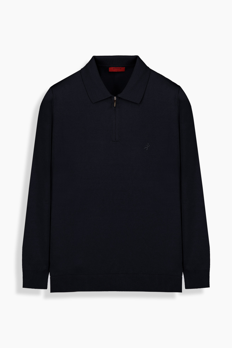 Polo Yaka Fermuarlı Lacivert Triko - 1