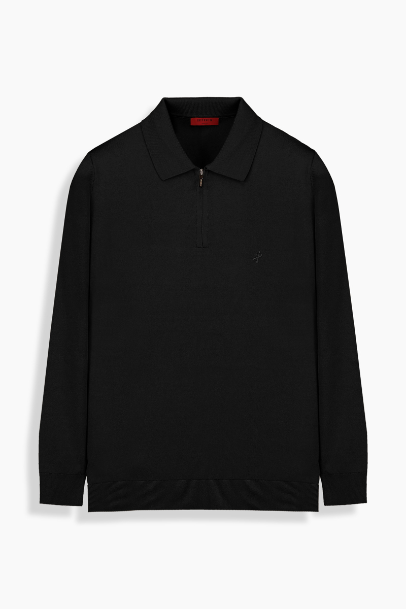 Polo Yaka Fermuarlı Siyah Triko - 1