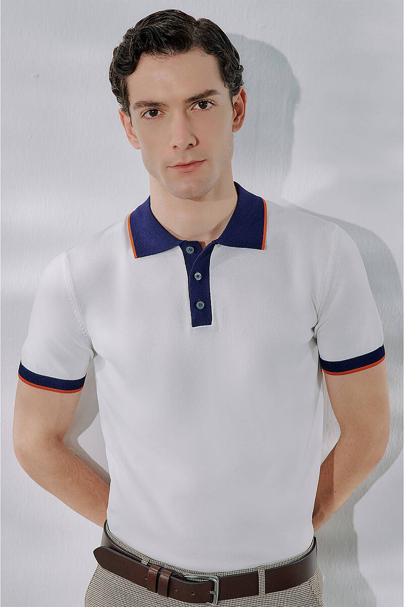 Relax Fit Kontrast Polo Yaka Ekru Triko Tişört - 1