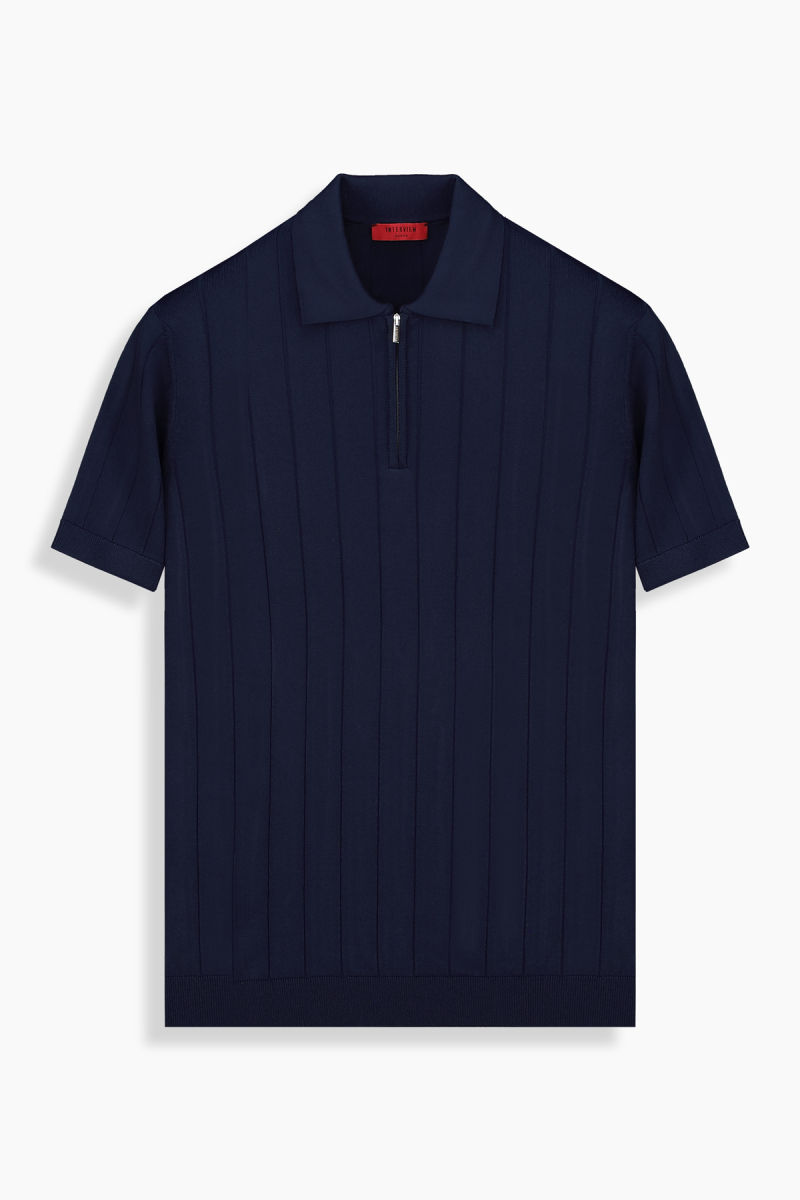 Relax Fit Lacivert Fermuarlı Triko Polo Tişört - 1