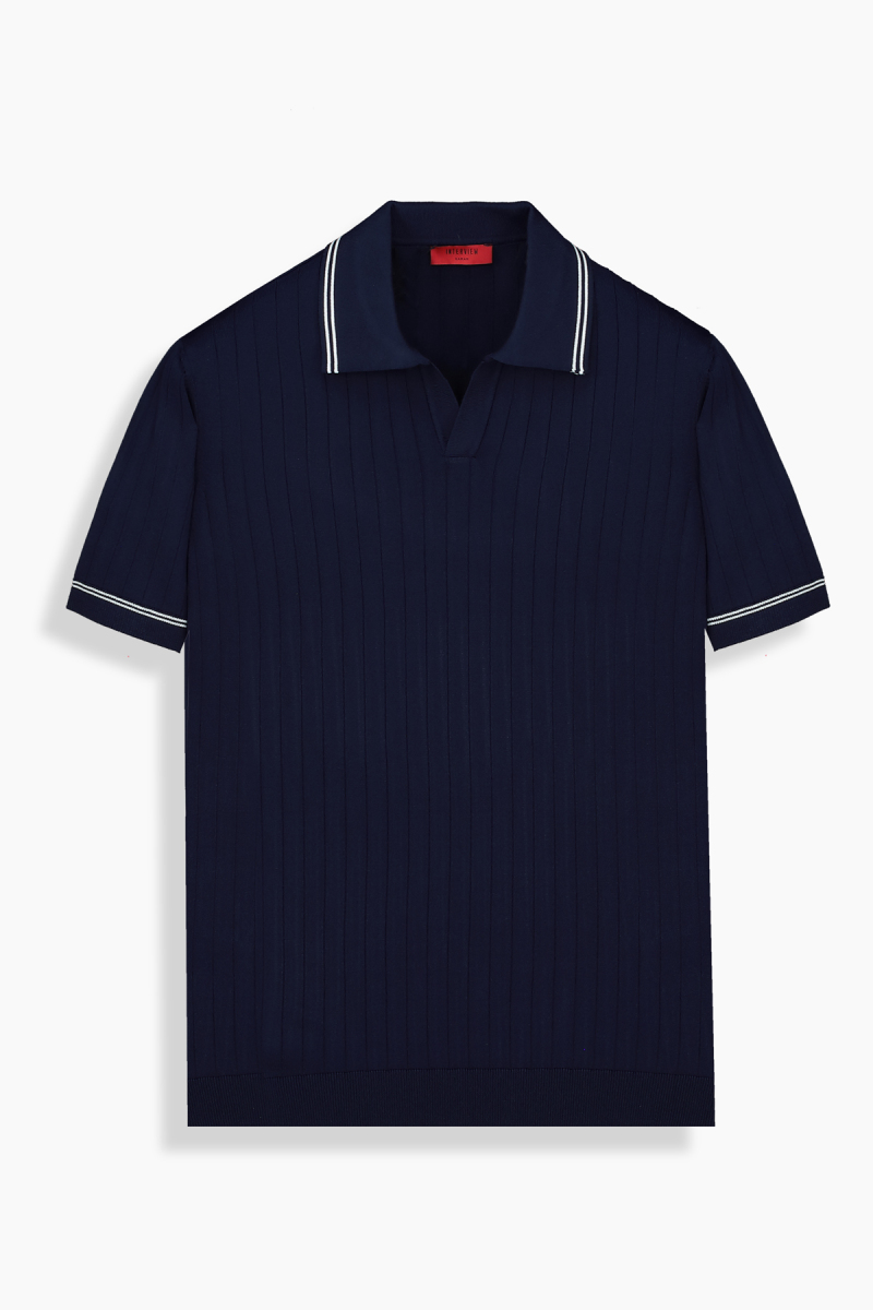 Relax Fit Lacivert Fitilli Triko Polo Tişört - 1