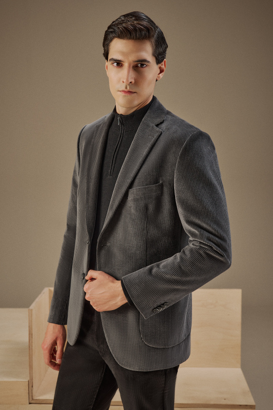 Rexford Regular Fit Fitilli Kadife Koyu Gri Ceket 