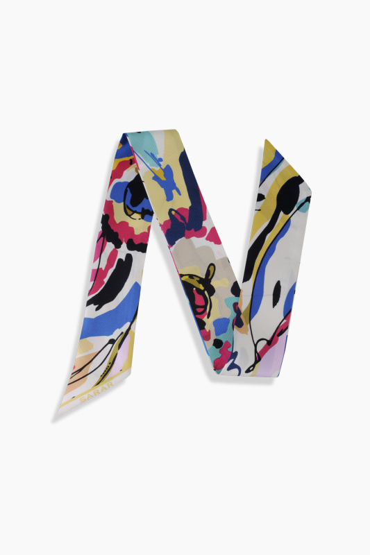 Adella Desenli İpek Twill Mavi Fular - SARAR