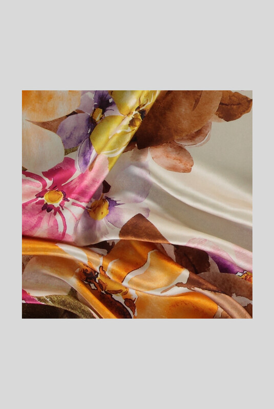 Bahar Desenli Fuşya Saten İpek Eşarp - SARAR