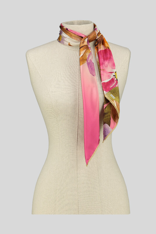 Bahar Desenli Fuşya Saten İpek Eşarp - SARAR