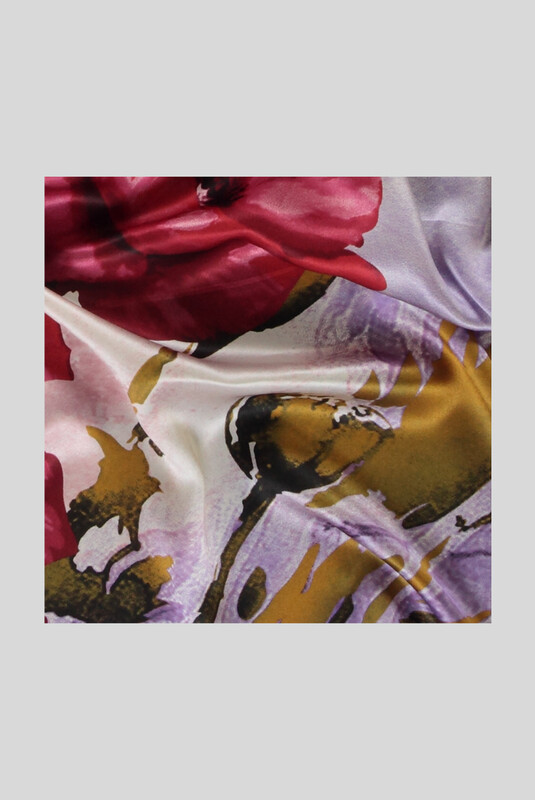 Çiçek Desenli Saten Lila İpek Eşarp - SARAR