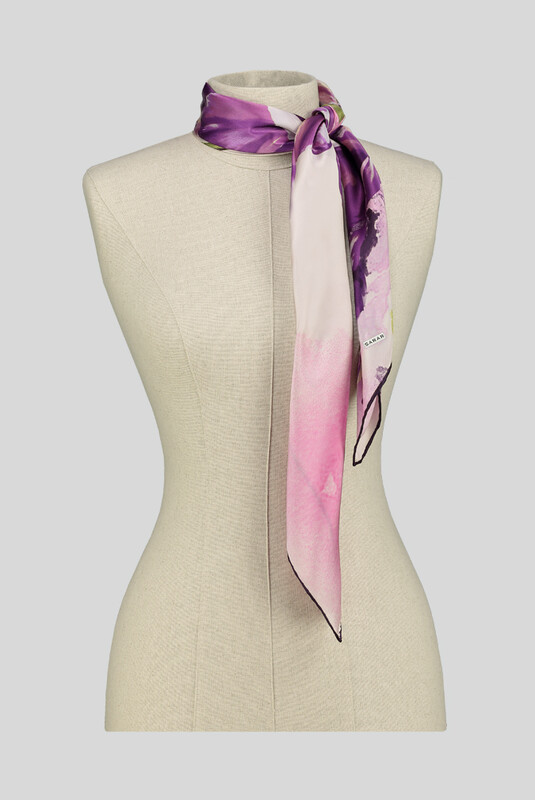 Çiçek Desenli Saten Lila İpek Eşarp - SARAR