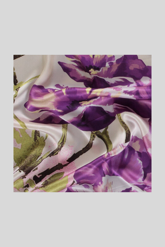 Çiçek Desenli Saten Mor İpek Eşarp - SARAR