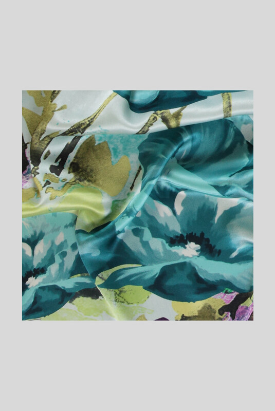 Çiçek Desenli Saten Turkuaz İpek Eşarp - SARAR