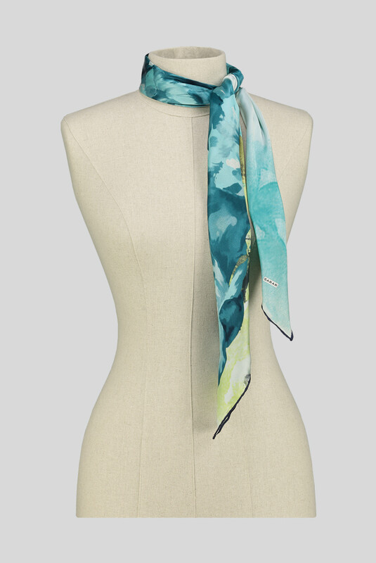 Çiçek Desenli Saten Turkuaz İpek Eşarp - SARAR