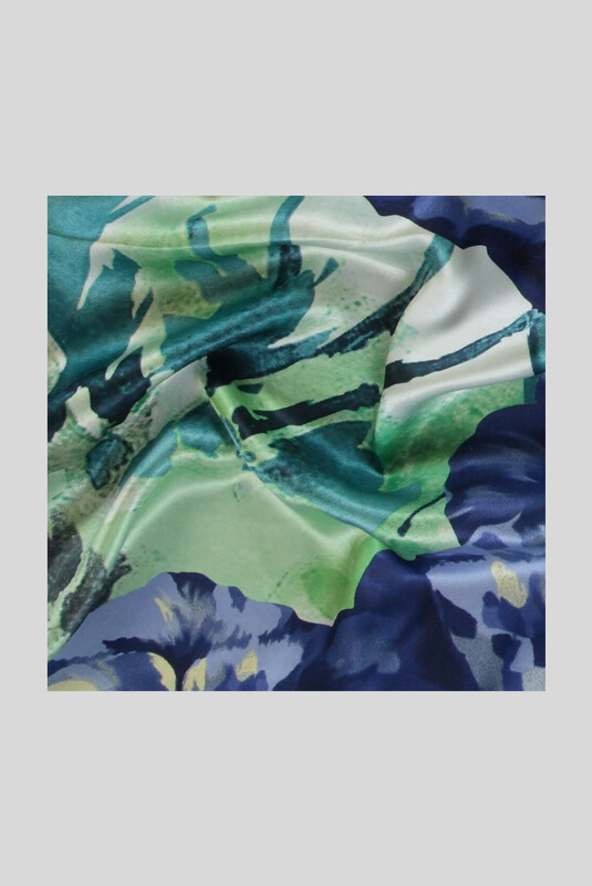 Çiçek Desenli Saten Yeşil İpek Eşarp - SARAR