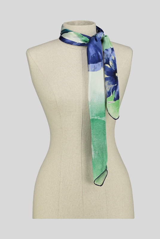 Çiçek Desenli Saten Yeşil İpek Eşarp - SARAR