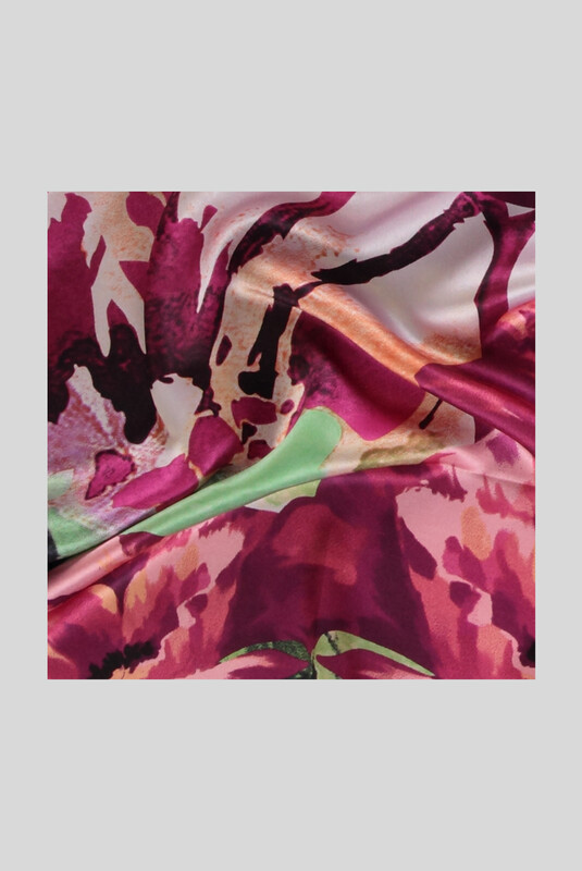 Çiçek Desenli Saten Bordo İpek Eşarp - SARAR