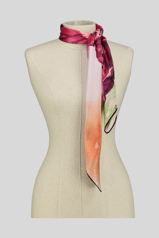 Çiçek Desenli Saten Bordo İpek Eşarp - SARAR