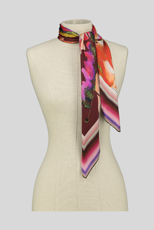 Çiçek Desenli Twill Bordo İpek Eşarp - SARAR