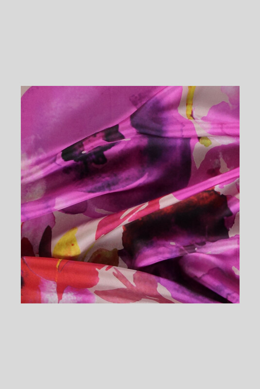 Çiçek Desenli Twill Fuşya İpek Eşarp - SARAR