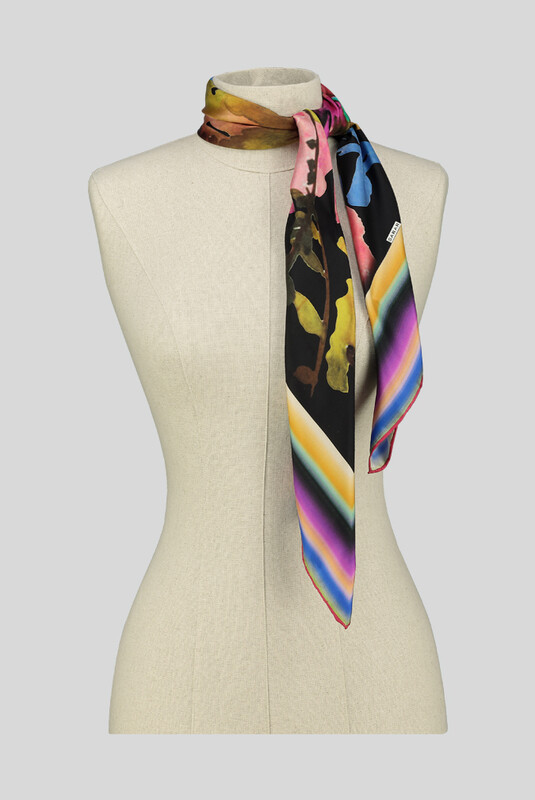 Çiçek Desenli Twill Mavi İpek Eşarp - SARAR