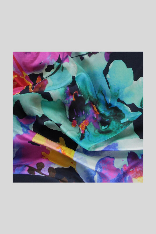 Çiçek Desenli Twill Turkuaz İpek Eşarp - SARAR