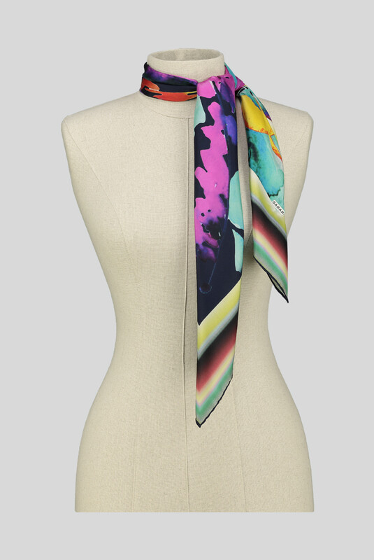 Çiçek Desenli Twill Turkuaz İpek Eşarp - SARAR