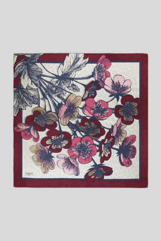 Çiçek Desenli Bordo Twill İpek Eşarp 