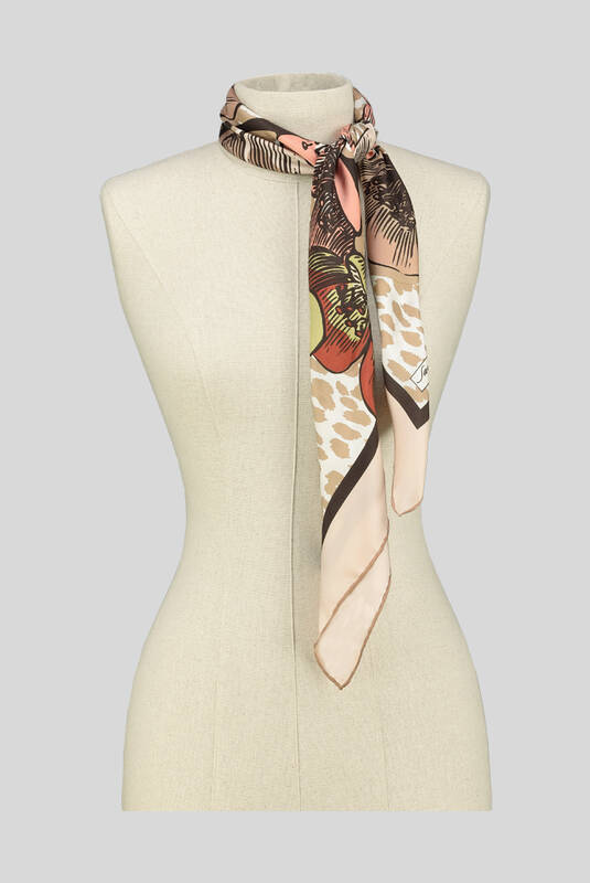 Çiçek Desenli Kahverengi Twill İpek Eşarp - 3