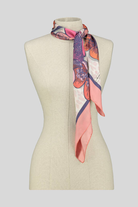 Çiçek Desenli Pembe Twill İpek Eşarp - 3