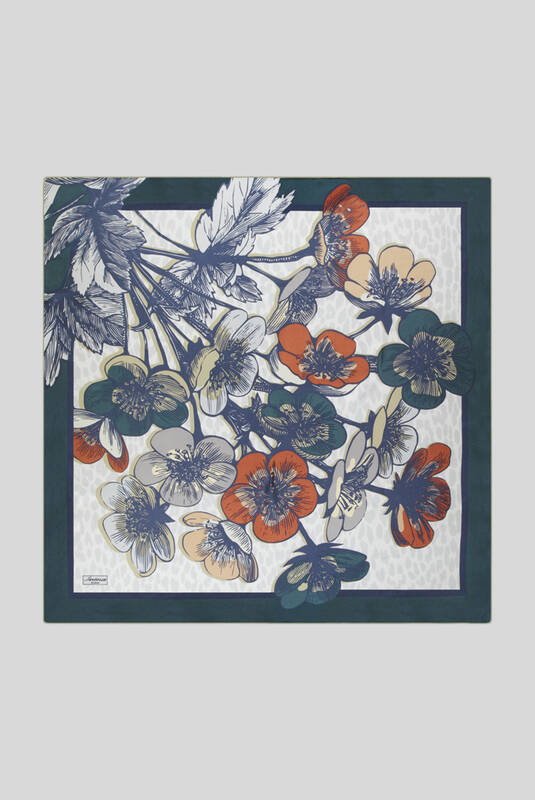 Çiçek Desenli Yeşil Twill İpek Eşarp - 1