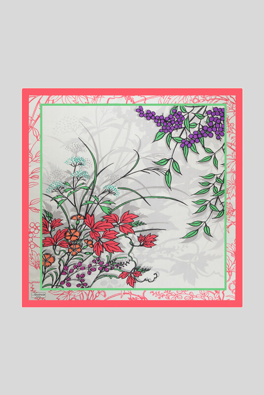 Yaprak Desenli Twill Fuşya İpek Eşarp 