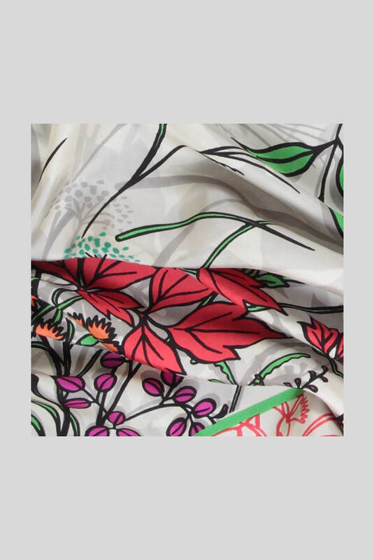 Yaprak Desenli Twill Fuşya İpek Eşarp - 2