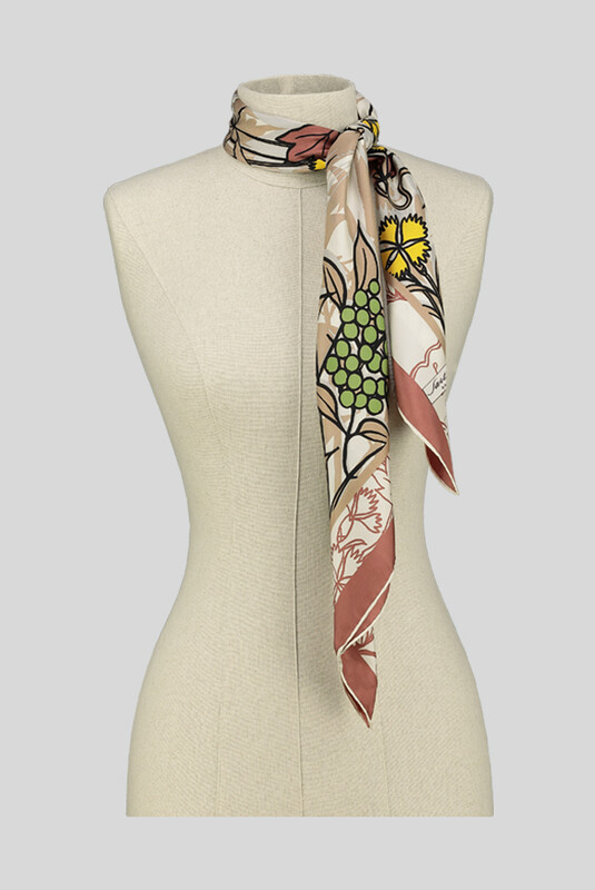 Yaprak Desenli Twill Kahverengi İpek Eşarp - SARAR