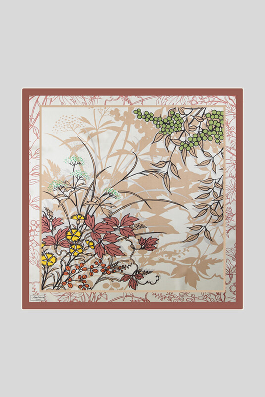 Yaprak Desenli Twill Kahverengi İpek Eşarp 