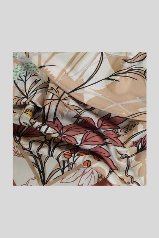 Yaprak Desenli Twill Kahverengi İpek Eşarp - 2
