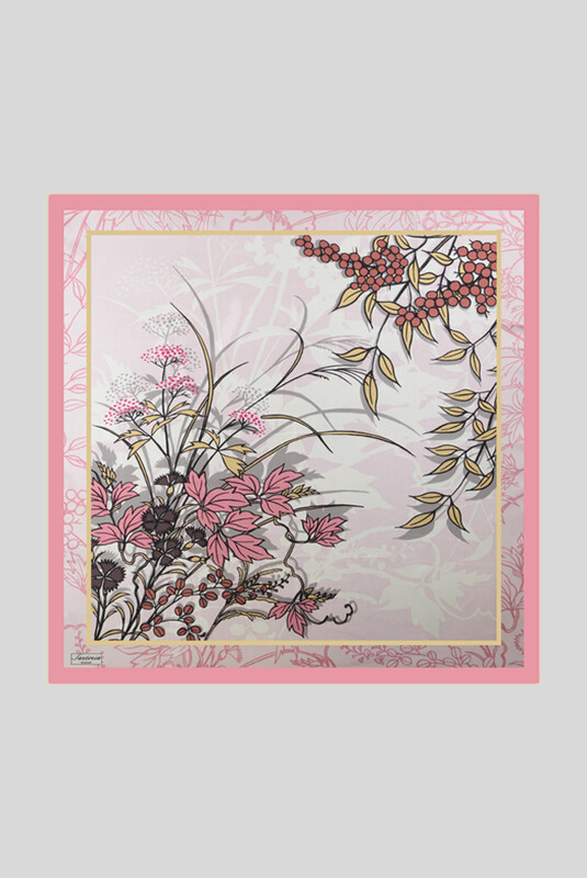 Yaprak Desenli Twill Pembe İpek Eşarp 