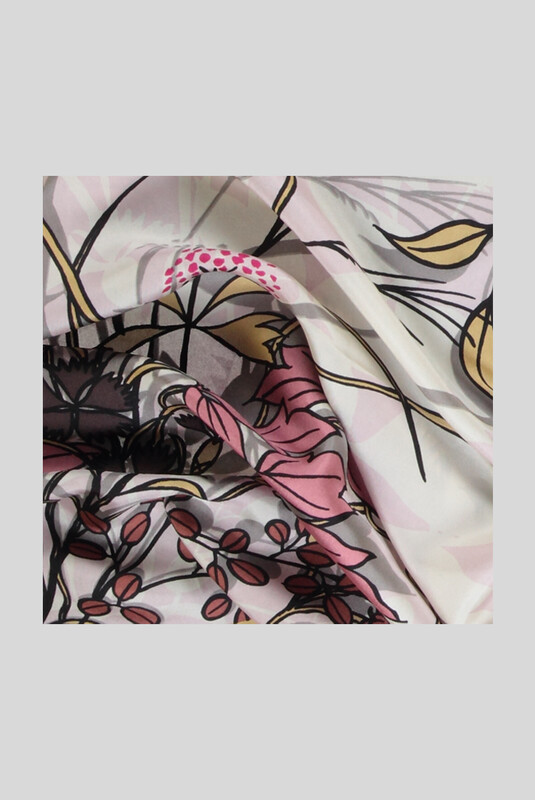 Yaprak Desenli Twill Pembe İpek Eşarp - SARAR (1)