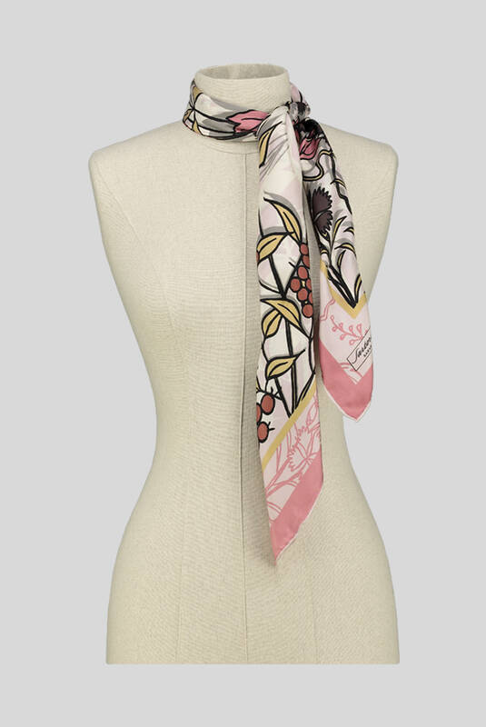Yaprak Desenli Twill Pembe İpek Eşarp - 3